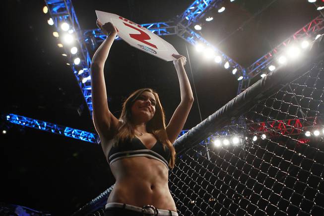 Octagon Girl Vanessa Hanson announces the start of the second round of Ronda Rousey's title defense against Misha Tate at UFC 168 Saturday, Dec. 28, 2013 at the MGM Grand Garden Arena.