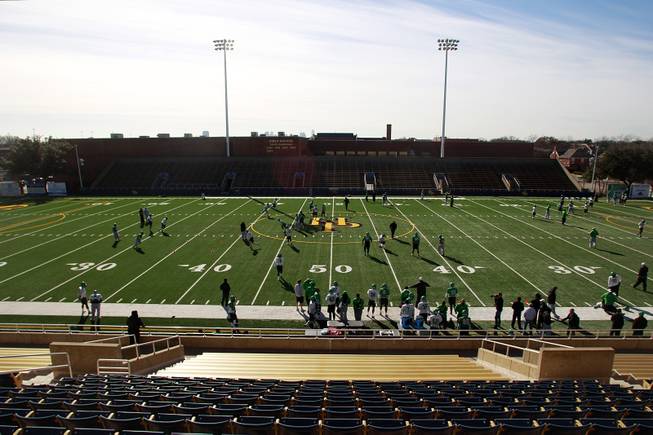 The North Texas football team practice for the Heart of Dallas Bowl Monday, Dec. 30, 2013 at Highland Park High School in Dallas.