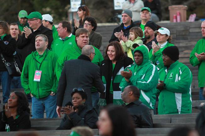 Outgoing UNLV president and incoming North Texas president Neal Smatresk greets North Texas fans during a pep rally for the teams before the Heart of Dallas Bowl Tuesday, Dec. 31, 2013 at the state fairgrounds near the Cotton Bowl in Dallas.