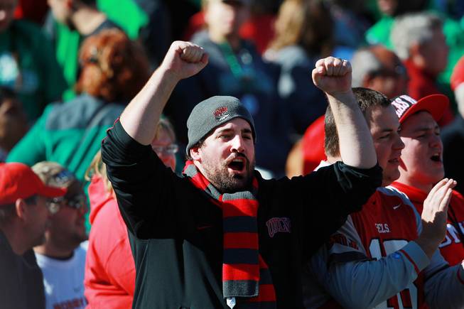 A UNLV fan cheers during the Heart of Dallas Bowl against North Texas Wednesday, Jan. 1, 2014 at the Cotton Bowl in Dallas. North Texas won 36-14.