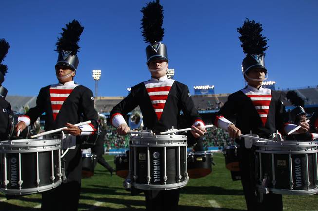 The UNLV marching band drum line performs before the Heart of Dallas Bowl against North Texas Wednesday, Jan. 1, 2014 at the Cotton Bowl in Dallas. North Texas won 36-14.