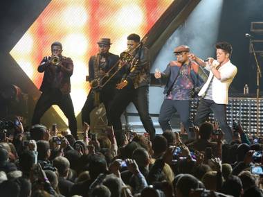 Bruno Mars and his band perform at the Chelsea on Tuesday, Dec. 31, 2013, in the Cosmopolitan.

