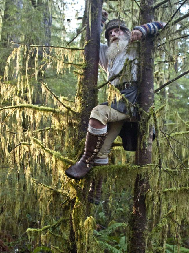 Mick Dodge climbs a pair of trees near  his cabin along the Sol Duc River near Forks, Wash., on January 3, 2014.