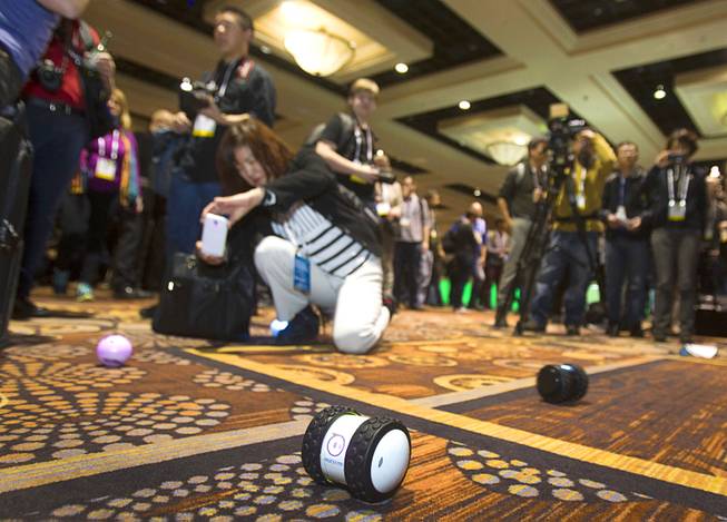 A woman takes a photo of a Sphero 2.0 by Orbotix during "CES Unveiled," a media preview event to the annual Consumer Electronics Show (CES), in Las Vegas, Jan. 5, 2014. The Sphero 2.0 and 2B (foreground) are controlled with a smartphone. The Sphero 2.0 is already available. The 2B expected to ship in the fall of 2014, a representative said.