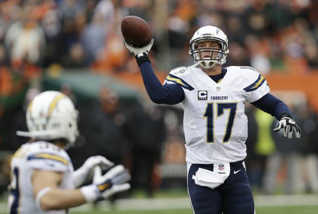 San Diego Chargers quarterback Philip Rivers tosses a pass to running back Danny Woodhead in the second half of an NFL wild-card playoff game against the Cincinnati Bengals on Sunday, Jan. 5, 2014, in Cincinnati.