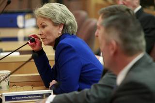 Outgoing General Manager Pat Mulroy speaks during a meeting of the Las Vegas Valley Water District Board Tuesday, Jan. 7, 2014.