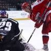 The Las Vegas Wranglers' Chad Nehring beats Utah Grizzlies goalie Aaron Dell in the shootout on Jan. 7, 2014.