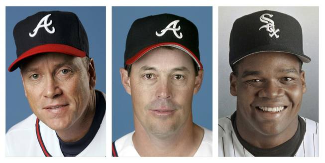 From left are Tom Glavine in 2008, Greg Maddux in 2008, and Frank Thomas in 1994 file photos. Glavine, Maddux and Thomas were selected to the Baseball Hall of Fame on Wednesday, Jan. 8, 2014.