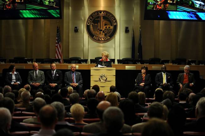 Las Vegas Mayor Carolyn G. Goodman speaks on a stage with members of the Las Vegas City Council during the 2014 Las Vegas State of the City address at City Hall on Thursday evening.