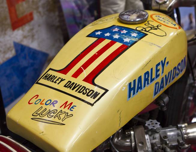 A painted tank from Evel Knievel's motorcycle on display as South Point hosts the 23rd Annual Las Vegas Vintage Motorcycle Auction on Friday, Jan. 10, 2014.