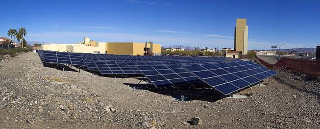 A panoramic view of a solar photovoltaic field at Congregation Ner Tamid in Henderson Sunday, Jan. 12, 2014. The $1.6 million project, a partnership of Congregation Ner Tamid, NV Energy and Hamilton Solar, will produce about 75 percent of the temple's power usage on average, said Matthew Weinberger, Hamilton Solar's director of business development.