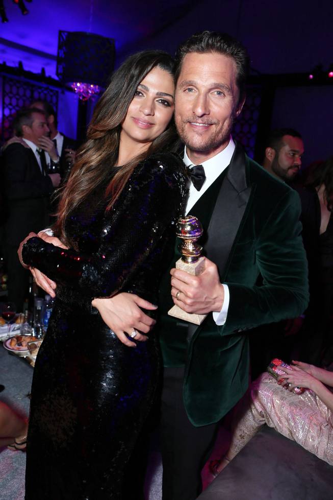 Camila Alves and Matthew McConaughey with the award for best actor in a motion picture - drama for "Dallas Buyers Club"  at the 71st Annual Golden Globe Awards  NBC/Universal/Focus Features/E! Entertainment/Chrysler After Party on Sunday, Jan. 12, 2014 in Los Angeles. 