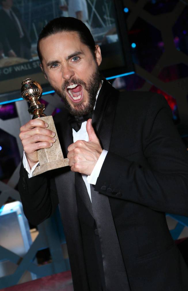 Jared Leto with the award for best supporting actor in a motion picture for "Dallas Buyers Club" at the 71st Annual Golden Globe Awards  NBC/Universal/Focus Features/E! Entertainment/Chrysler After Party on Sunday, Jan. 12, 2014 in Los Angeles. 