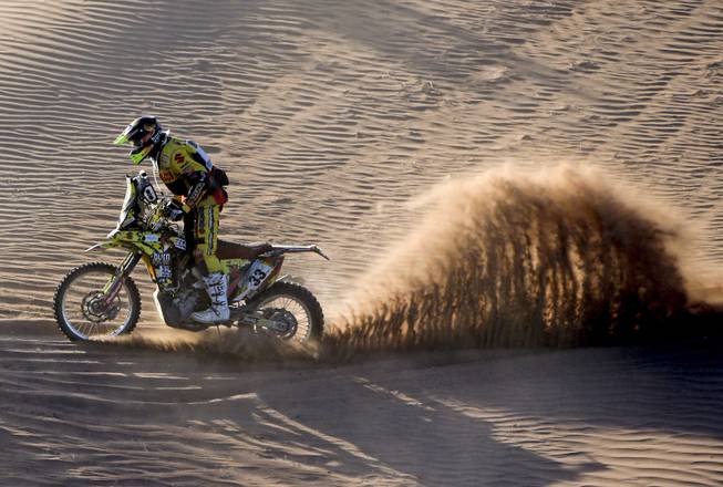 Yamaha rider Bruno da Costa of France races during the fifth stage of the Dakar Rally between the cities of Chilecito and San MIguel de Tucuman, Argentina, Thursday, Jan. 9, 2014. 