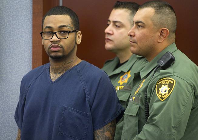 Ammar Harris, the suspect the Feb. 21, 2013, Las Vegas Strip shooting and resulting car crash that killed three people, appears in court at the Regional Justice Center Wednesday, Jan. 15, 2014. Harris is awaiting sentencing on a unrelated court case. 