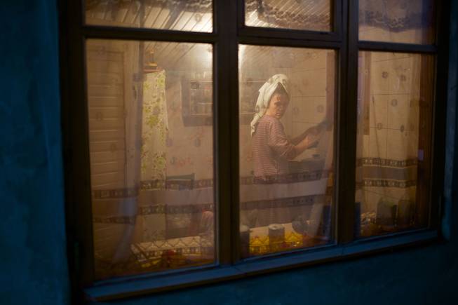 In this photo taken on Wednesday, Nov. 27, 2013, a woman washes up dishes in her kitchen in the yard of a house in the village of Vesyoloye, outside Sochi, Russia.