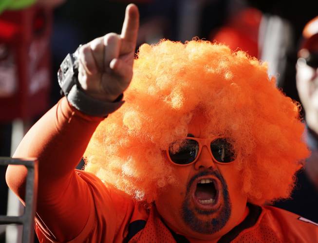 A Denver Broncos fan yells during the first half of the AFC Championship NFL playoff football game between the Denver Broncos and the New England Patriots in Denver, Sunday, Jan. 19, 2014. 