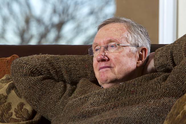 Senate Majority Leader Harry Reid (D-NV) considers a question about Searchlight, Nev. during an interview at his home in Searchlight Monday Jan. 20, 2014.