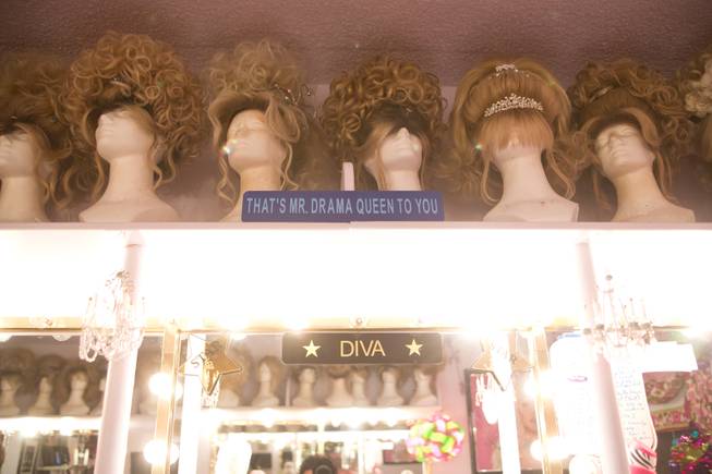 Frank Marino's many wigs in his dressing room backstage at the Quad Jan 20, 2014.