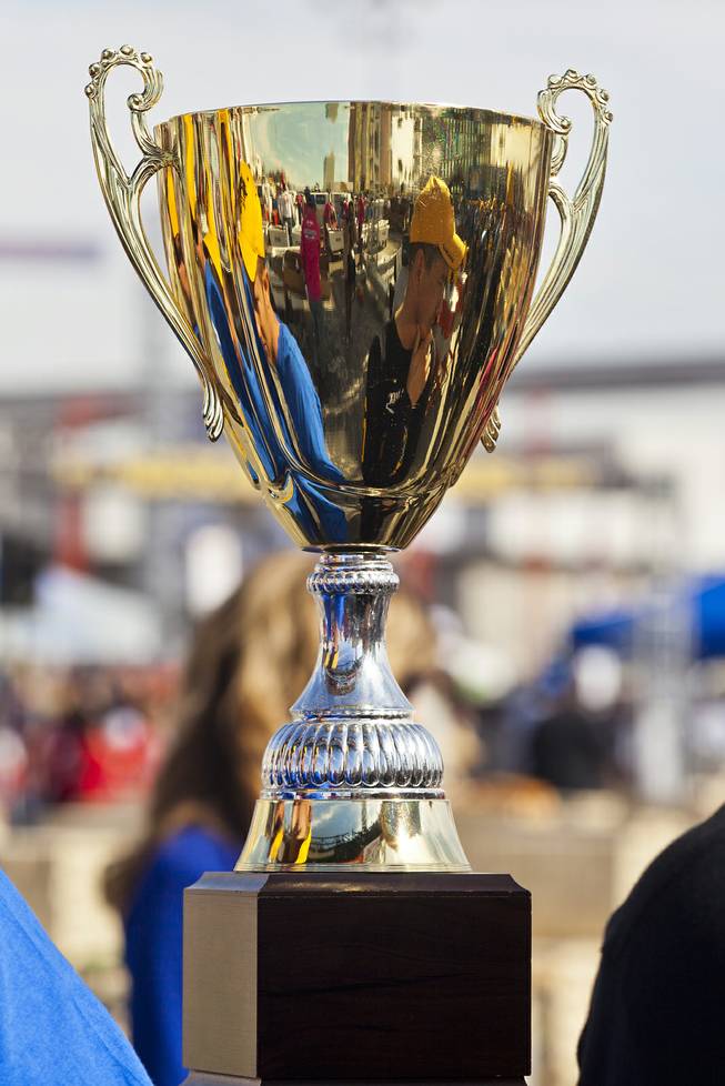 The winning trophy awaits at the Spec Mix "Bricklayer 500"   competition is set to start during the 40th anniversary of the World Of Concrete outside the Las Vegas Convention Center on Wednesday, Jan. 22, 2014.
