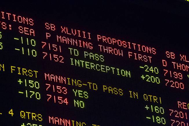 Super Bowl XLVIII proposition bets are posted on an electronic board at the Las Vegas Hotel Superbook Thursday Jan. 23, 2014.