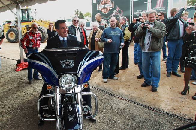 Governor Brian Sandoval sits on a Harley Davidson motorcycle that has been customized for Nevada's sesquicentennial at an event to mark the beginning of construction of a Harley Davidson dealership on the Strip Thursday, Jan. 23, 2014. The dealership will be located on the east side of the Strip, just south of Russell Road.