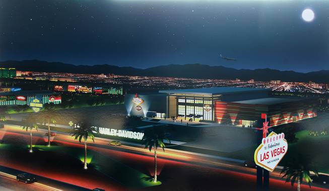 A rendering of the completed building is on display at an event to mark the beginning of construction of a Harley Davidson dealership on the Strip Thursday, Jan. 23, 2014. The dealership will be located on the east side of the Strip, just south of Russell Road.
