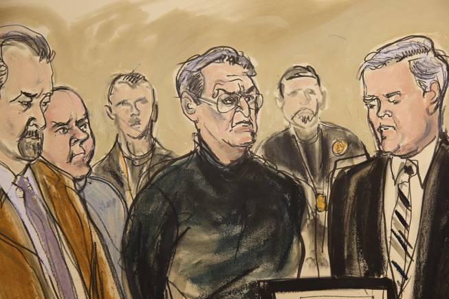 In this artist's rendering, Vincent Asaro, center, stands alongside his lawyer Gerald McMahon, right, at Brooklyn Federal Court, Thursday, Jan. 23, 2014, in New York. Asaro, 78, was named along with his son, Jerome, and three other defendants in wide-ranging indictment alleging murder, robbery, extortion, arson and other crimes from the late 1960s through last year.