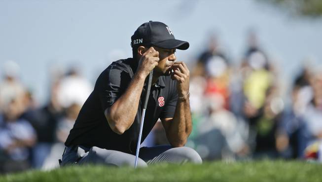 Tiger Woods waits his turn on the second green of the South Course at Torrey Pines during the third round of the Farmers Insurance Open golf tournament Saturday, Jan. 25, 2014, in San Diego.