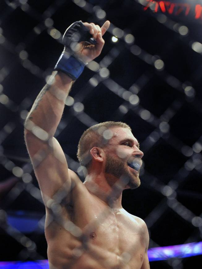 Jeremy Stephens celebrates after defeating Darren Elkins during the featherweight bout of an UFC mixed martial arts match in Chicago, Saturday, Jan., 25, 2014.