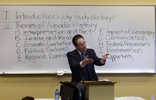 Historian Michael Green educates senior students during a Nevada history class at at CSN on Monday, Jan. 27, 2014.