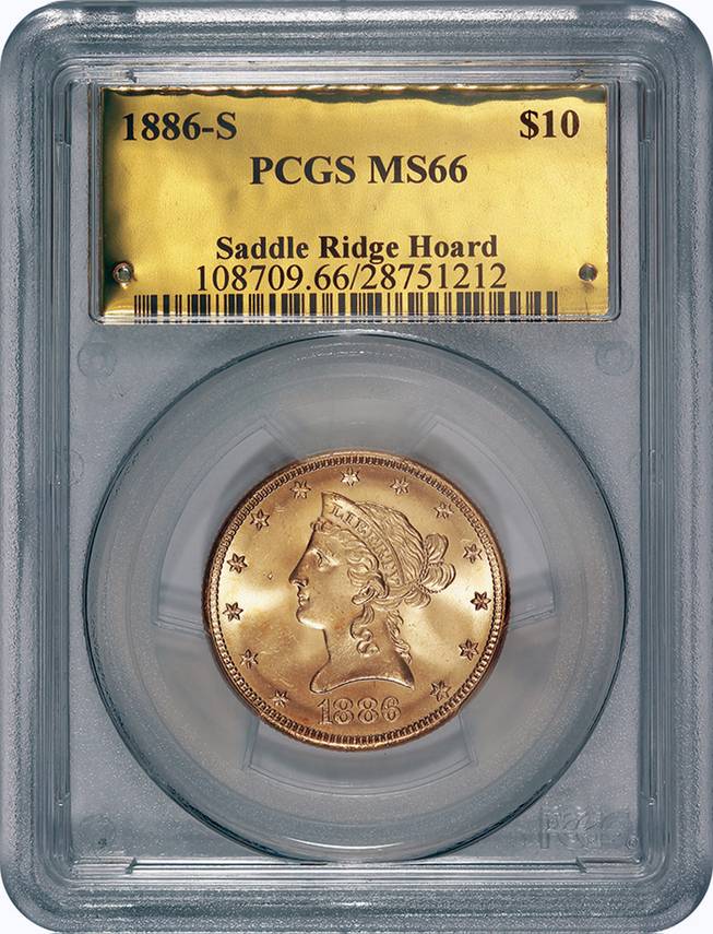 This image provided by the Saddle Ridge Hoard discoverers via Kagin's, Inc., shows one of the 1800s-era U.S. gold coins unearthed in California by two people who want to remain anonymous. The value of the "Saddle Ridge Hoard" treasure trove is estimated at $10 million or more.