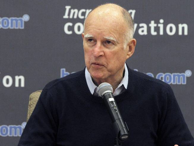 California Gov. Jerry Brown talks during a meeting with more than a dozen water leaders from across Southern California in Los Angeles Thursday, Jan 30, 2014. Brown met with water managers as the state grapples with extreme drought conditions.