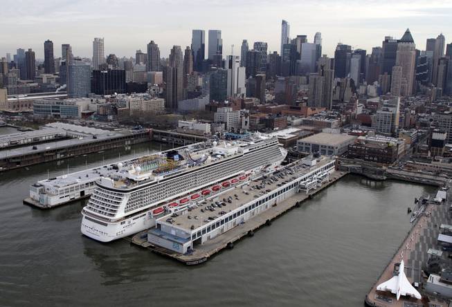 The cruise ship Norwegian Breakaway is berthed on the westside of Manhattan in this Dec. 1, 2013, aerial photo in New York. 