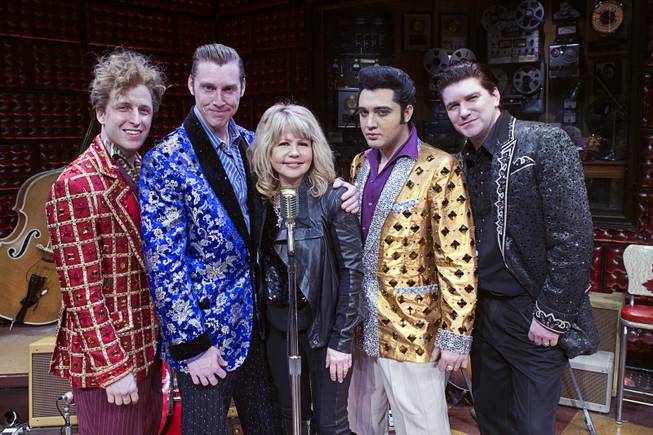 Singer/actress Pia Zadora, center, poses with cast members, from left, Martin Kaye, Scott Hinds, Justin Shandor, and Benjamin Hale following a guest performance in "Million Dollar Quartet" at Harrah's Tuesday, Feb. 4, 2014.