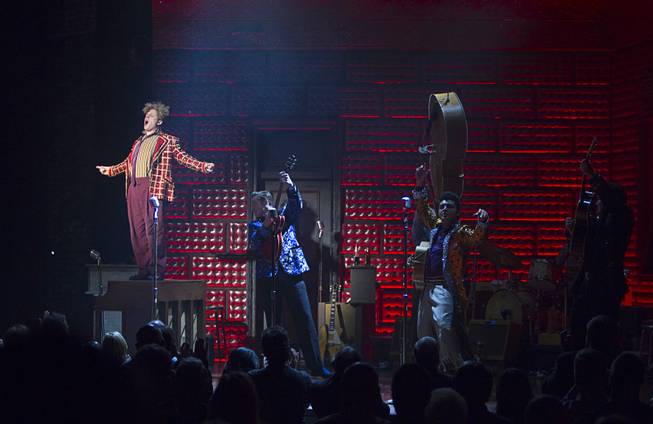 Martin Kaye, left, as Jerry Lee Lewis and other cast members perform in "Million Dollar Quartet" at Harrah's Tuesday, Feb. 4, 2014.