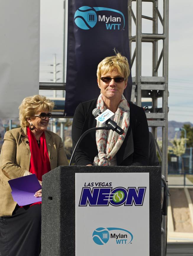 Darling Tennis Center manager Sandy Foley listens to a question during a press conference there to announce the Las Vegas Neon of the Mylan World Team Tennis on Tuesday, Feb. 04, 2014.