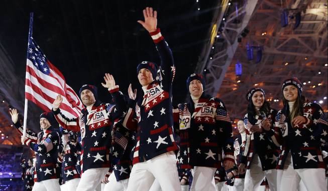 The U.S. team arrives during the opening ceremony of the 2014 Winter Olympics in Sochi, Russia, on Friday, Feb. 7, 2014.