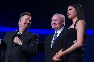 Terry Fator and his wife, Taylor Makakoa, are honored by the military Thursday, Feb. 6, 2014, at the Mirage in Las Vegas.