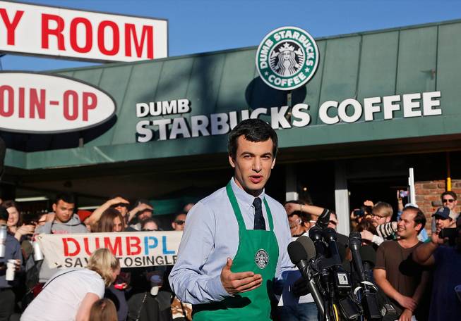 Canadian comedian Nathan Fielder of the Comedy Central show "Nathan For You" comes forward as the brainchild of "Dumb Starbucks," a parody store that resembles a Starbucks with a green awning and mermaid logo, but with the word "Dumb" attached above the Starbucks sign. 