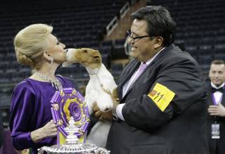 Judge Betty Regina Leininger, left, and handler Gabriel Rangel, pose with Sky, a wire fox terrier, after winning best in show at the Westminster Kennel Club dog show, Tuesday, Feb. 11, 2014, in New York. 