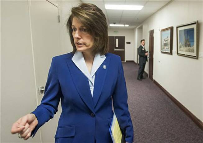 Nevada Attorney General Catherine Cortez Masto is shown in this file photo talking to media at the Legislative Building in Carson City on May 29, 2013.
