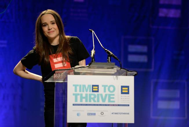 Actress Ellen Page comes out as gay at the Human Rights Campaign's Time to Thrive Conference on Friday, Feb. 14, 2014 in Las Vegas.
