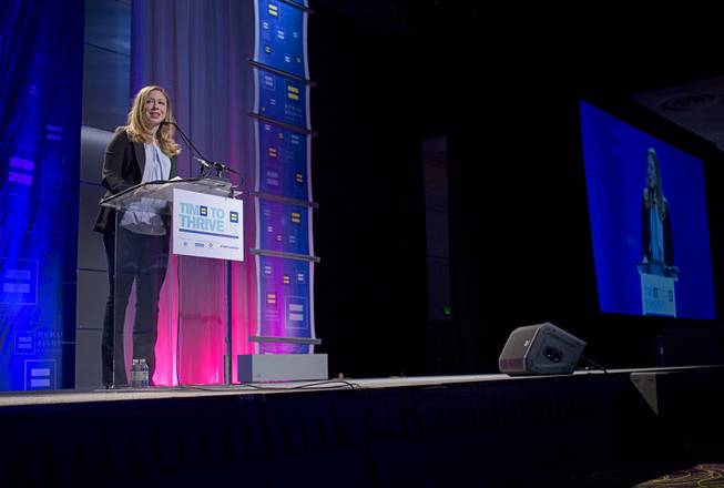 Chelsea Clinton delivers closing remarks and takes questions during the Human Rights Campaign's Time to Thrive conference at Bally's on Sunday, Feb. 16, 2014.
