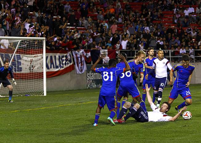 Chivas USA's Thomas McNamara (17) reacts after being tripped during the 2014 Las Vegas ProSoccer Challenge at Sam Boyd Stadium Sunday, Feb. 16, 2014. The goal set up a penalty kick and the winning goal for Chivas.