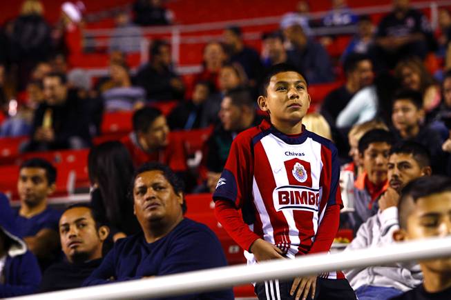 A Chivas fan waits to play to resume at halftime during the 2014 Las Vegas ProSoccer Challenge at Sam Boyd Stadium Sunday, Feb. 16, 2014. Chivas USA (Los Angeles) beat the Colorado Rapids 2-1.