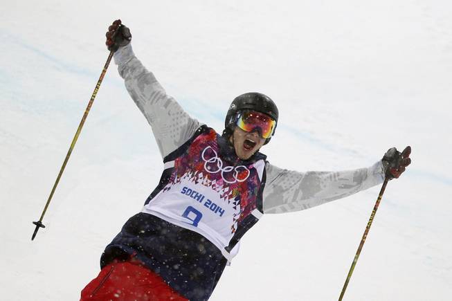 David Wise, of the United States, reacts after competing in the men's ski halfpipe final at the Rosa Khutor Extreme Park, at the 2014 Winter Olympics, Tuesday, Feb. 18, 2014, in Krasnaya Polyana, Russia. Wise won the gold medal. (AP Photo/Jae C. Hong)