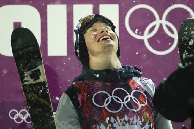 David Wise, of the United States, reacts to his score after competing in the men's ski halfpipe final at the Rosa Khutor Extreme Park, at the 2014 Winter Olympics, Tuesday, Feb. 18, 2014, in Krasnaya Polyana, Russia. Wise won the gold medal. (AP Photo/Jae C. Hong)