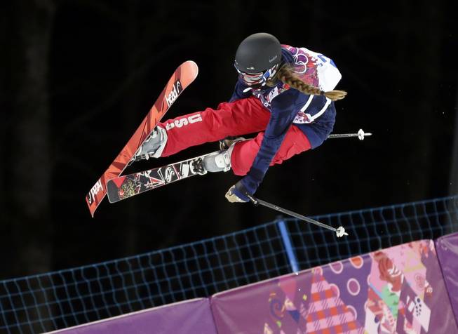 Maddie Bowman of the United States gets air during women's ski halfpipe qualifying at the Rosa Khutor Extreme Park, at the 2014 Winter Olympics, Thursday, Feb. 20, 2014, in Krasnaya Polyana, Russia.