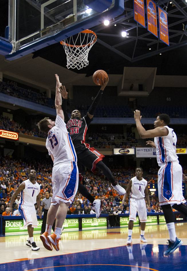 Deville Smith attempts a layup in UNLV's 91-90 overtime loss to Boise State at Taco Bell Arena in Boise on Saturday, Feb. 22, 2014.